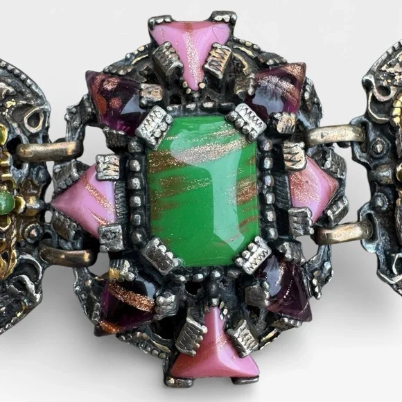 SELRO SELINI Vintage Multicolor Glass Cabochon Panel Bracelet and Earrings Set. - Picture 7 of 16